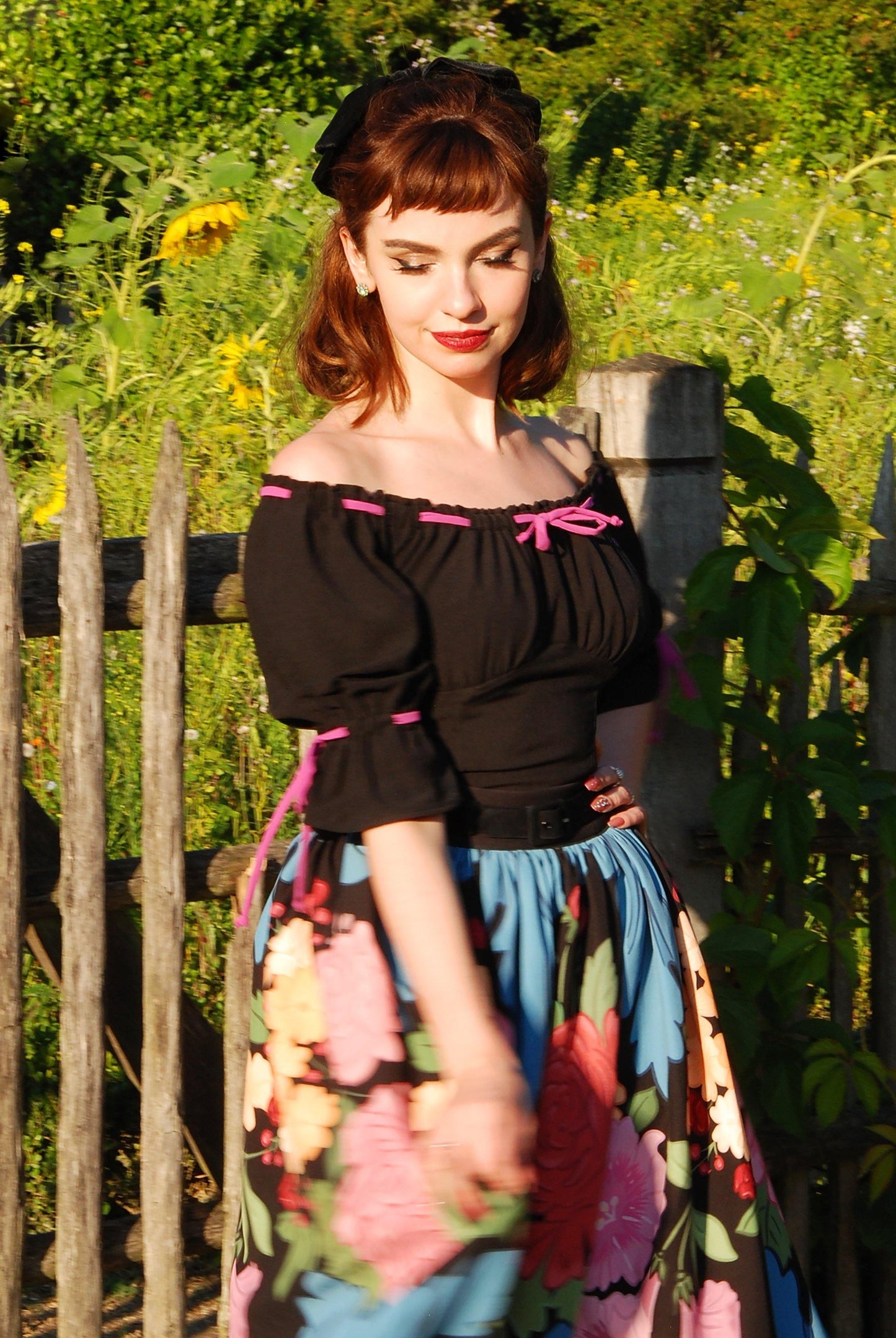 Bella Gathered Swing Skirt In Large Floral | Laura Byrnes & Hope Johnstun - pinupgirlclothing.com