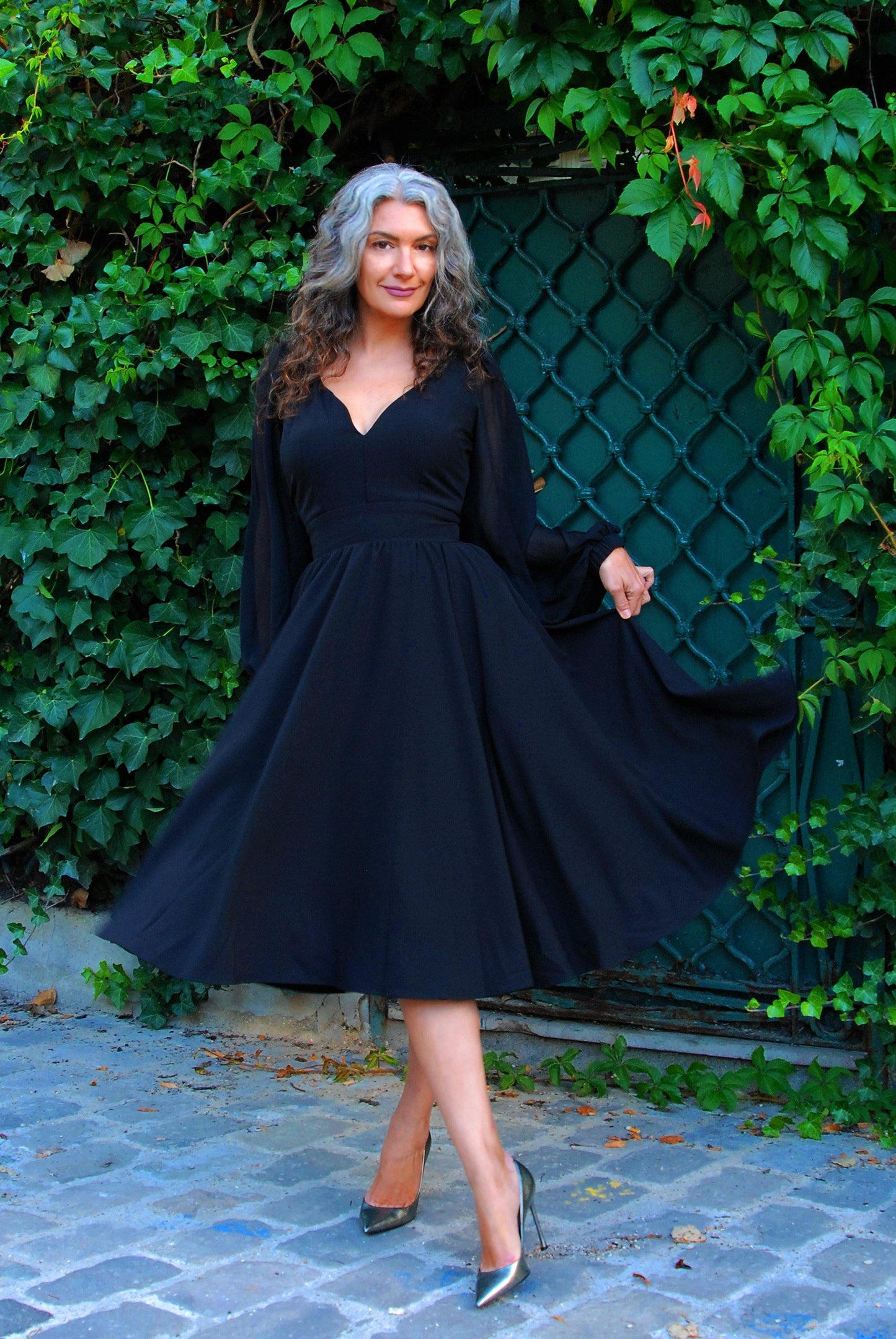 Kara Swing Dress in Black Crepe and Chiffon Sleeves | Laura Byrnes Design - pinupgirlclothing.com