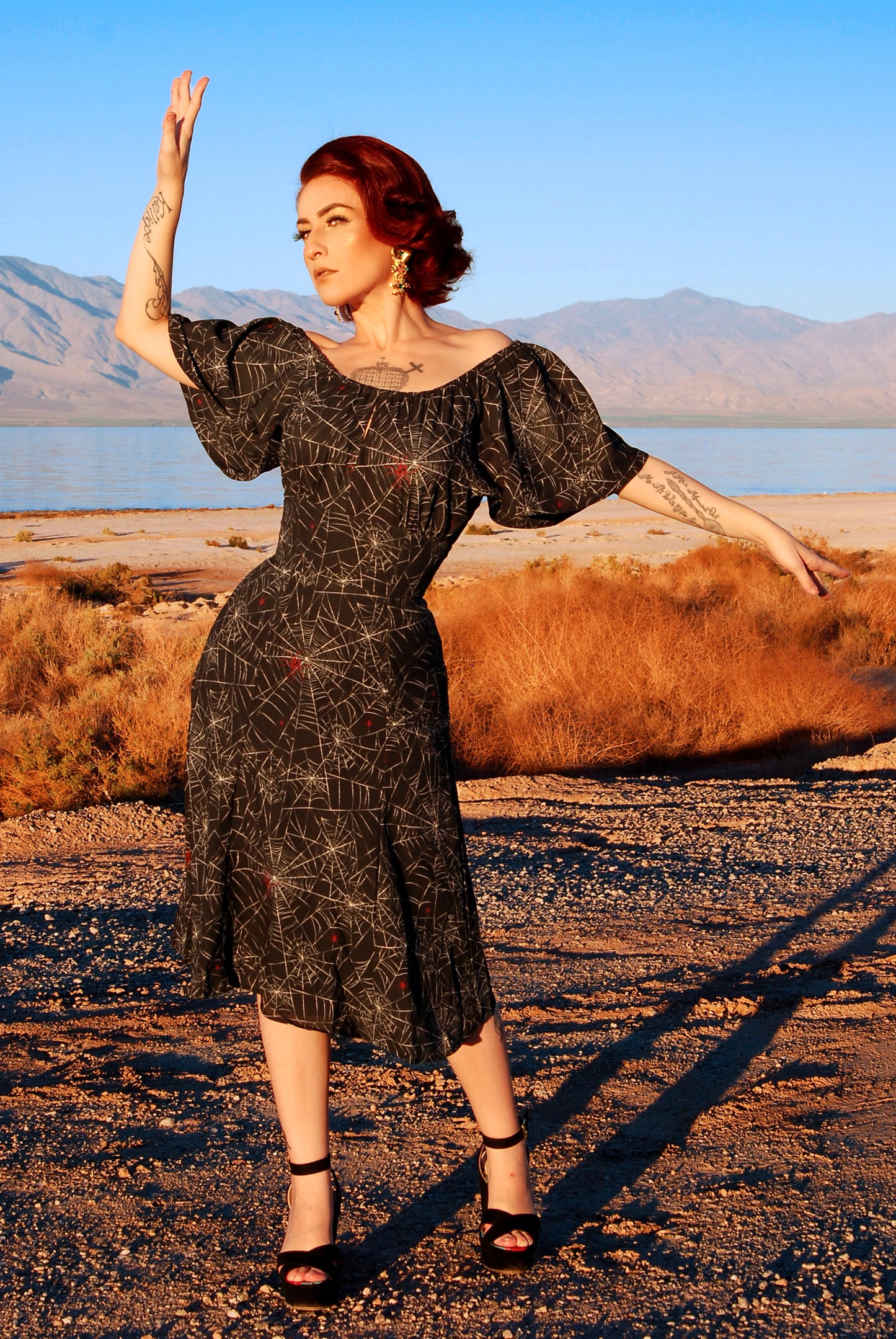 Final Sale - Butterfly 40's Tulip Dress in Black Widow Spiderweb Crepe | Pinup Couture