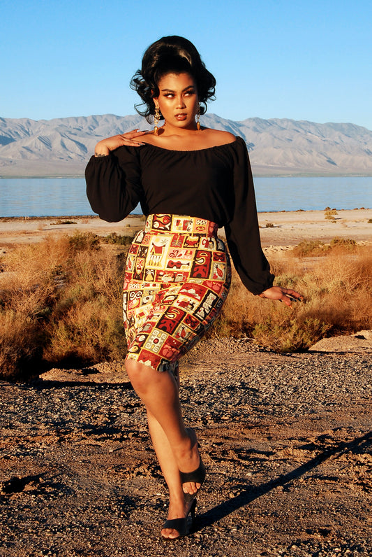 Final Sale - Vintage High Waist Pencil Skirt in Brown Tiki Sateen | Laura Byrnes Design