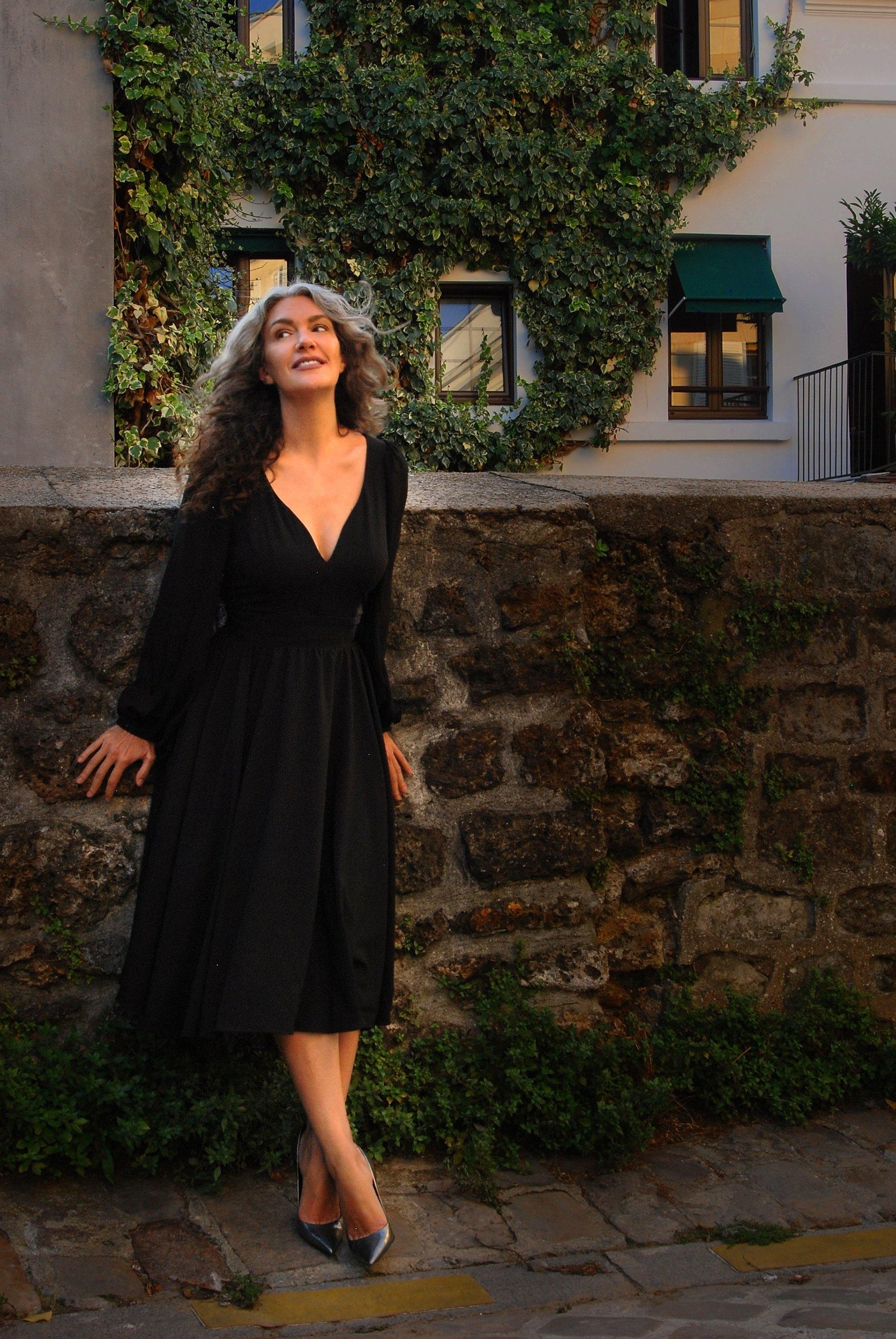 Kara Swing Dress in Black Crepe and Chiffon Sleeves | Laura Byrnes Design - pinupgirlclothing.com