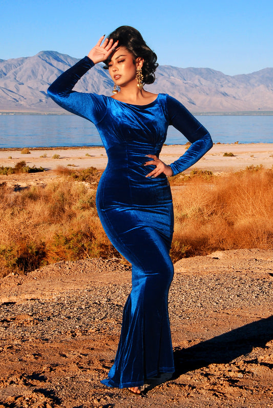 Final Sale - Beatrix Gown in Blue Velvet | Laura Byrnes Design