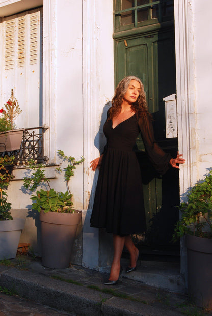 Kara Swing Dress in Black Crepe and Chiffon Sleeves | Laura Byrnes Design - pinupgirlclothing.com