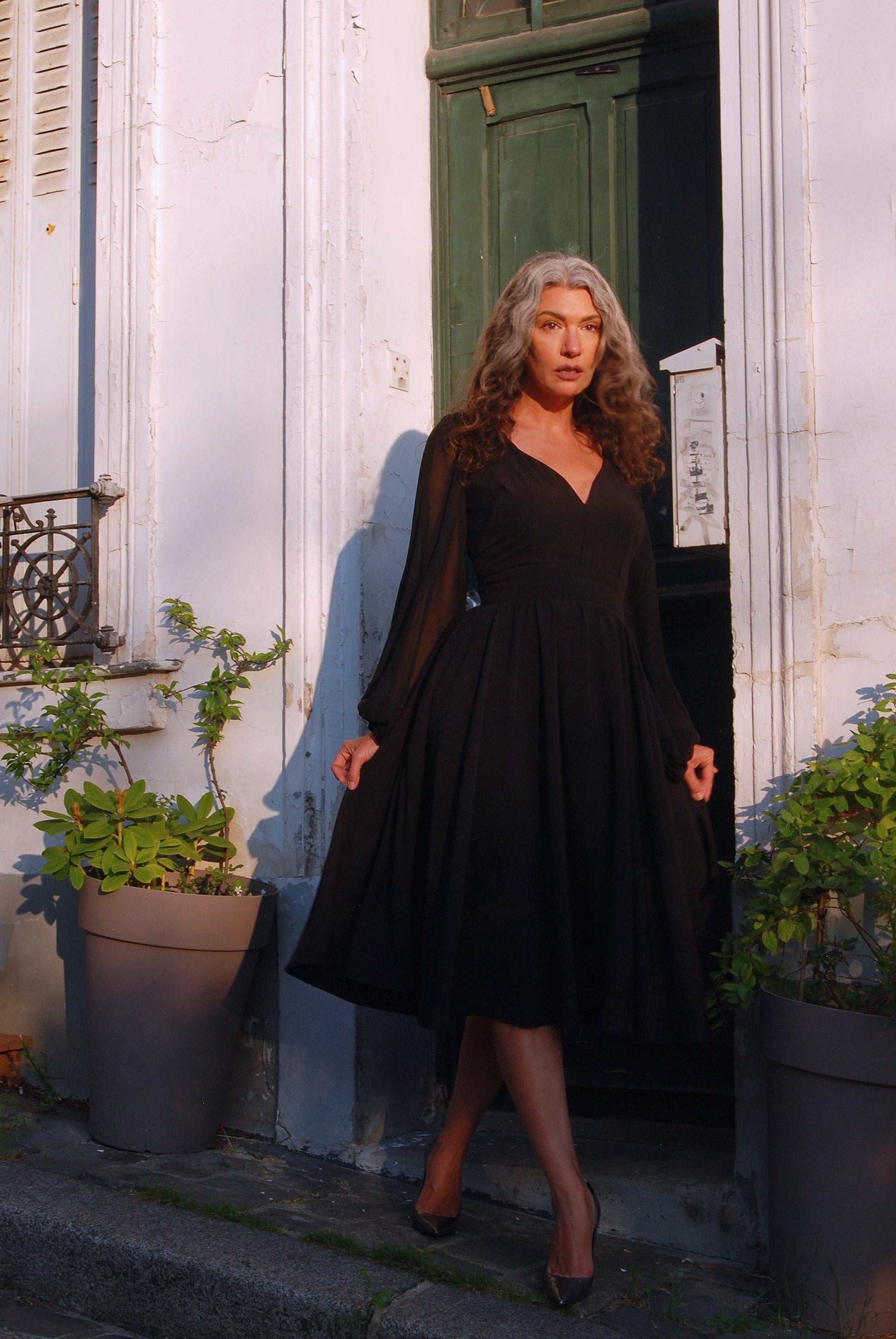 Kara Swing Dress in Black Crepe and Chiffon Sleeves | Laura Byrnes Design - pinupgirlclothing.com