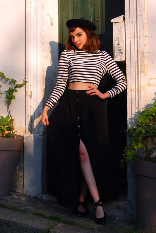 Joanna Long Sleeved Crop Top in Black and White Stripe Knit | Deadly Dames