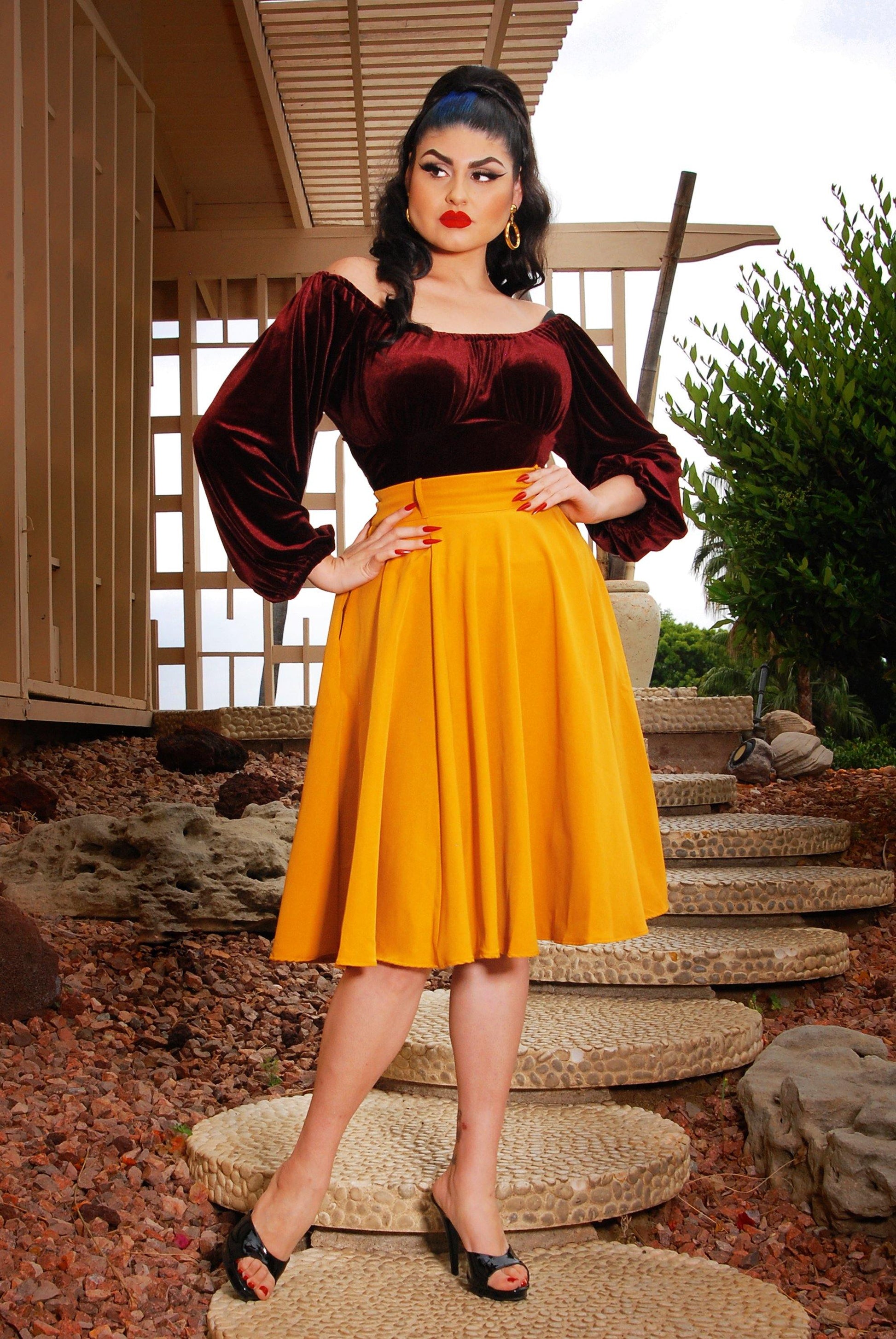 Doris Vintage Swing Skirt in Mustard Gabardine | Pinup Couture - pinupgirlclothing.com