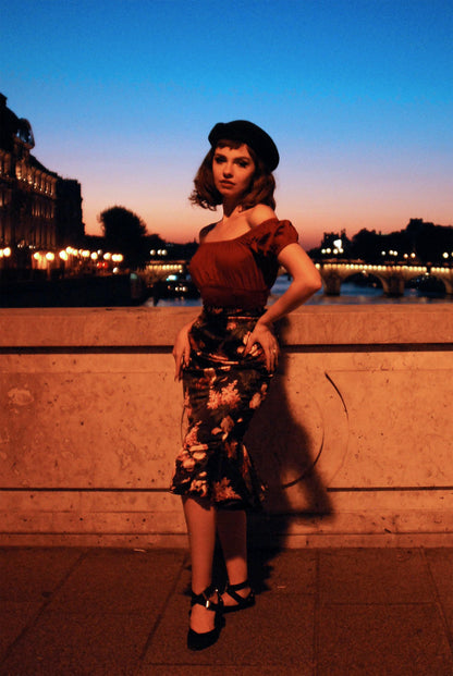 Yvonne Skirt in Dark Bella Roses Satin | Laura Byrnes Design - pinupgirlclothing.com