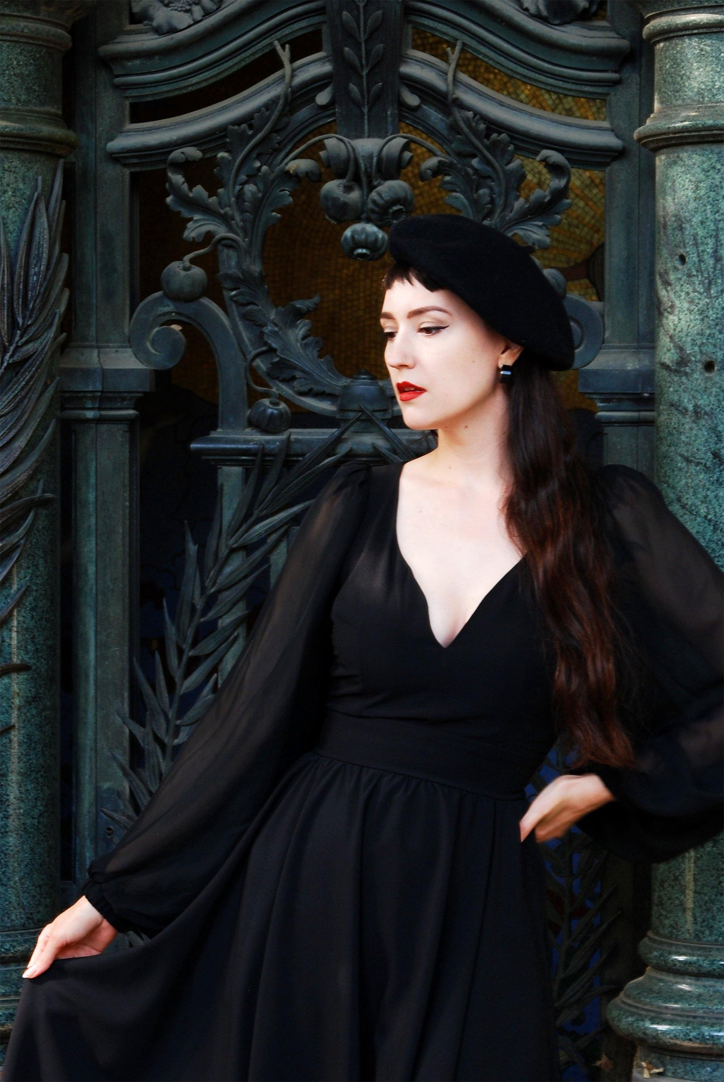 Kara Swing Dress in Black Crepe and Chiffon Sleeves | Laura Byrnes Design - pinupgirlclothing.com