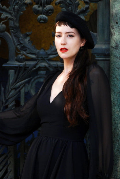 Kara Swing Dress in Black Crepe and Chiffon Sleeves | Laura Byrnes Design - pinupgirlclothing.com