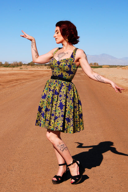 OYS - Final Sale - Vera Vintage Swing dress in Daddy Cthulhu Cotton Sateen | Laura Byrnes & Hope Johnstun