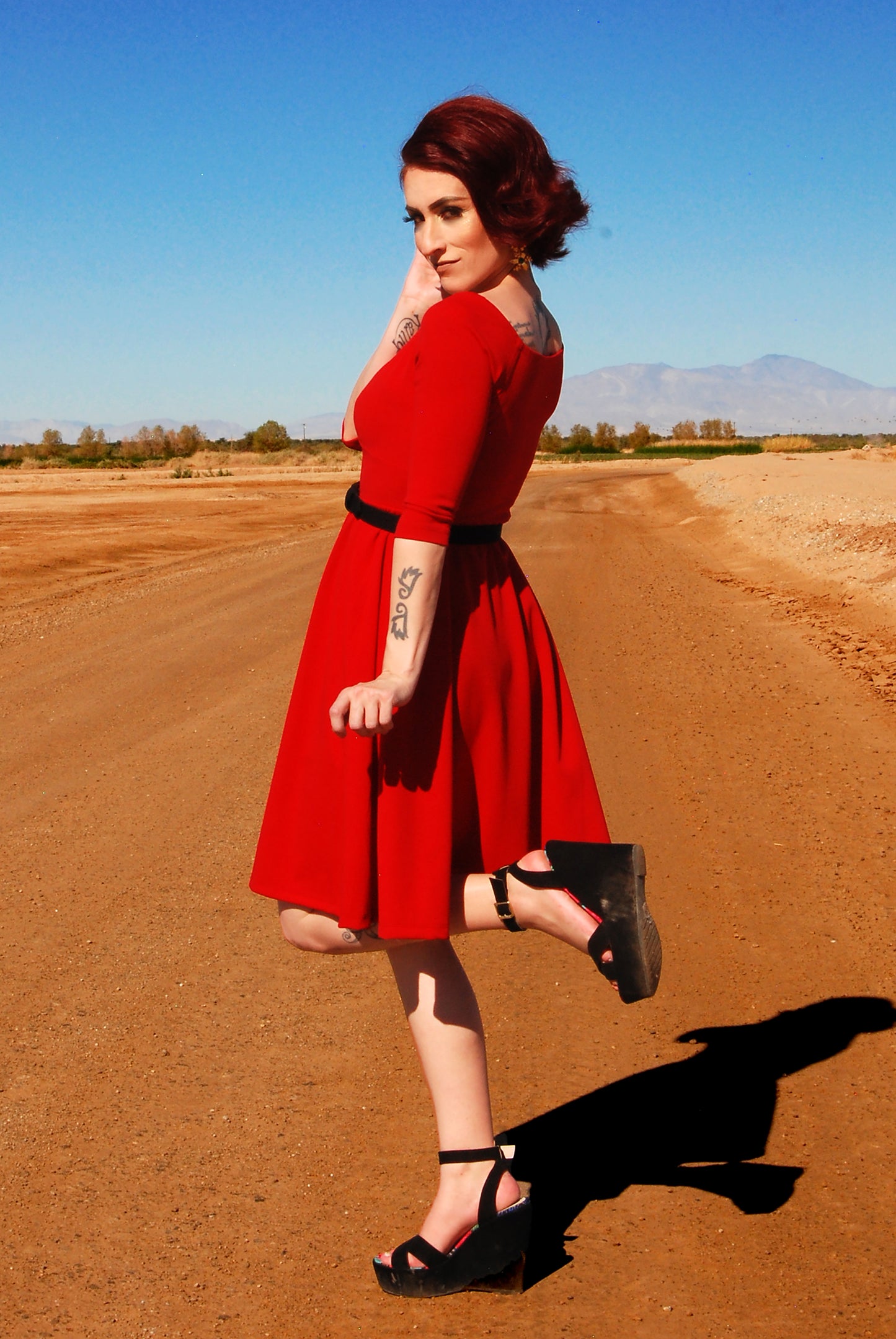Kayla Swing Dress in Red Scuba Crepe | Deadly Dames