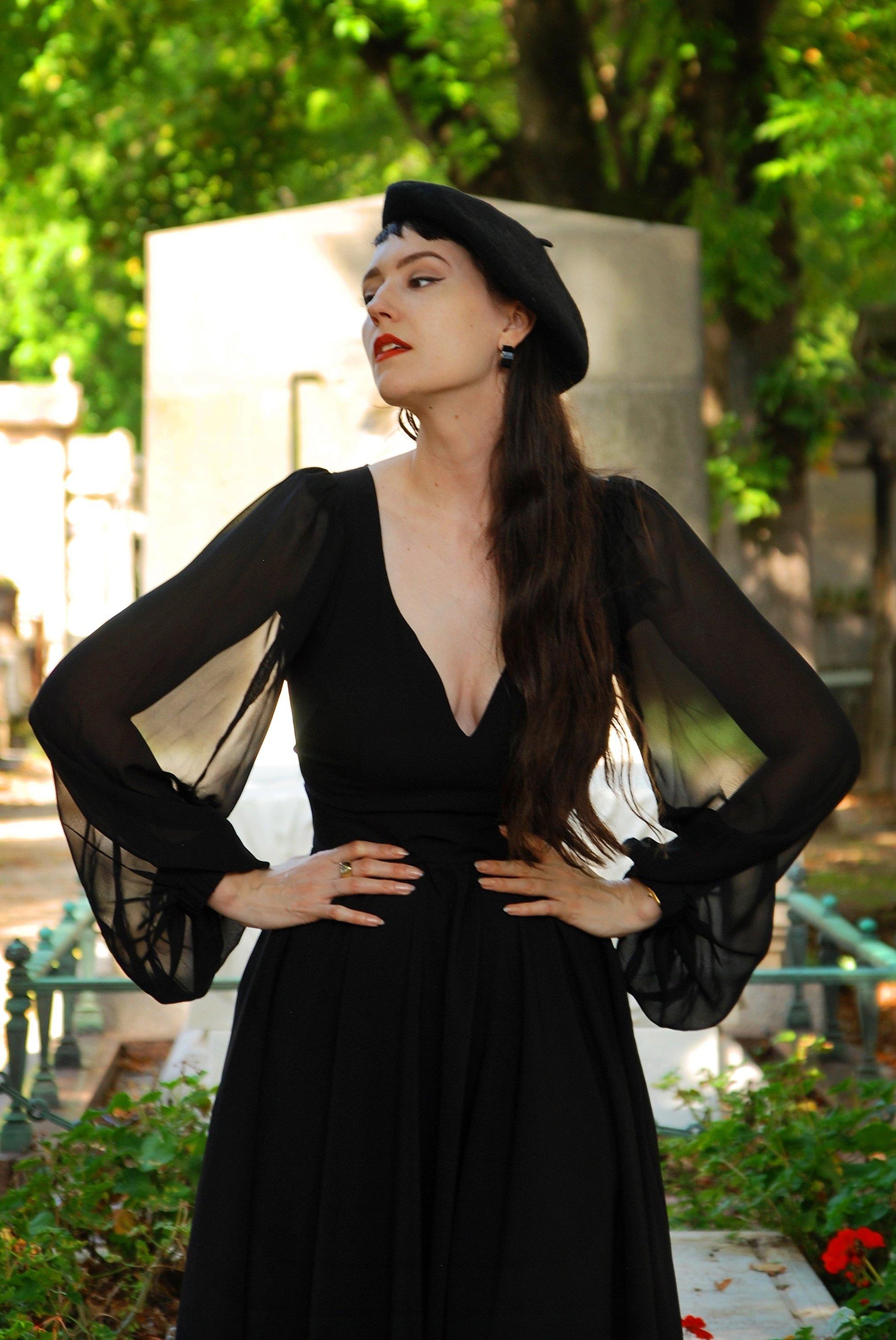 Kara Swing Dress in Black Crepe and Chiffon Sleeves | Laura Byrnes Design - pinupgirlclothing.com