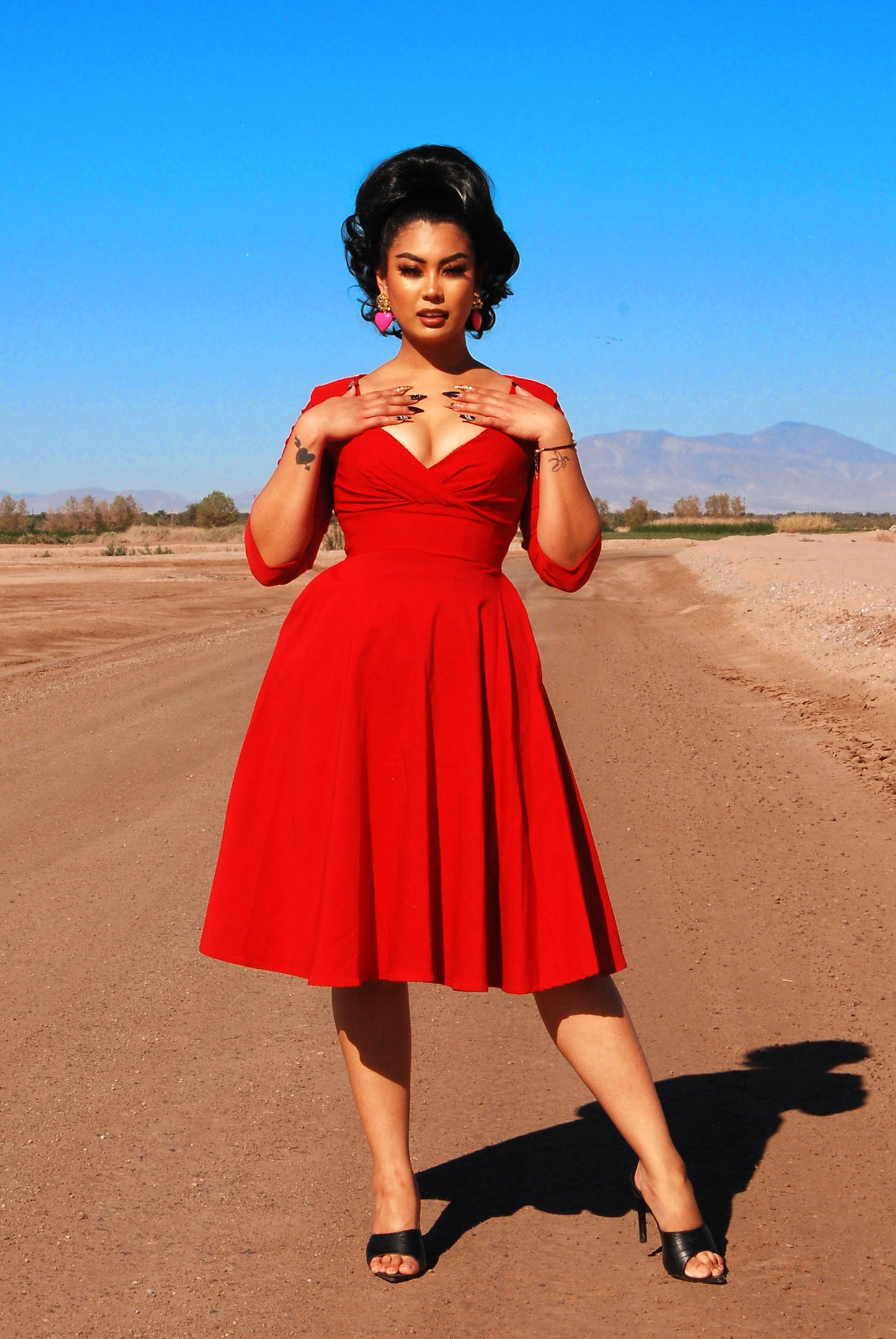 Erin Vintage Style Swing Dress in Cherry Red Bengaline | Pinup Couture