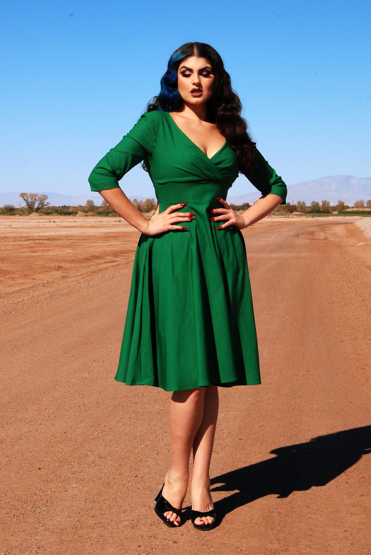 Erin Vintage Style Swing Dress in Kelly Green Bengaline | Pinup Couture