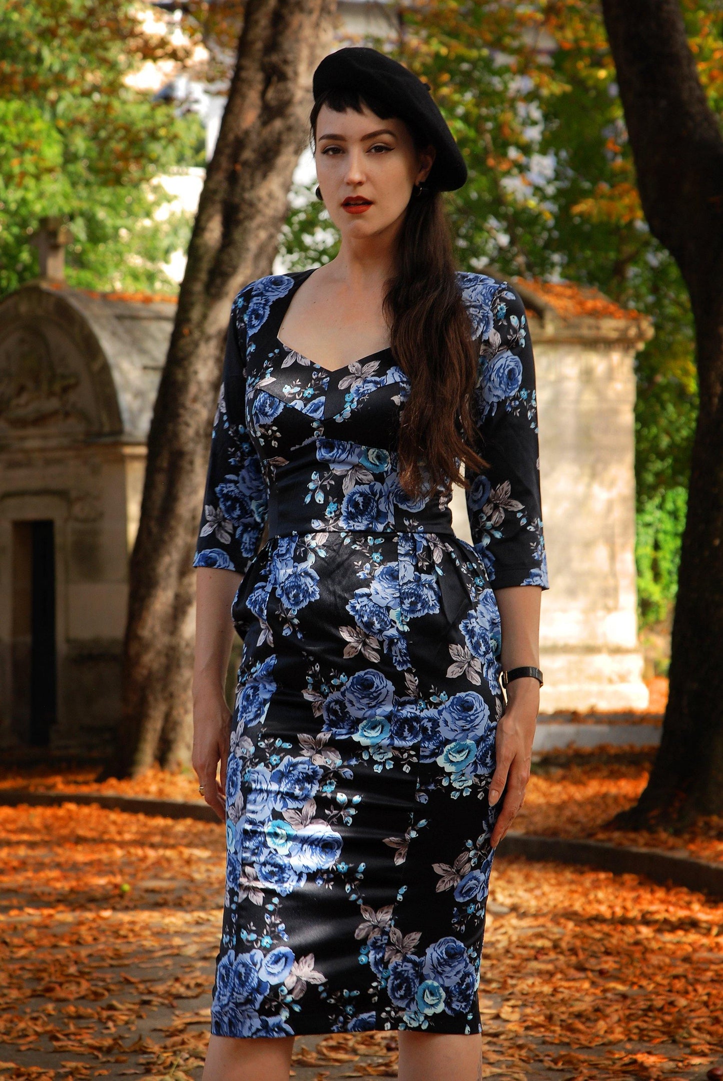 Mona Wiggle Dress in Blue Roses Satin | Deadly Dames - pinupgirlclothing.com