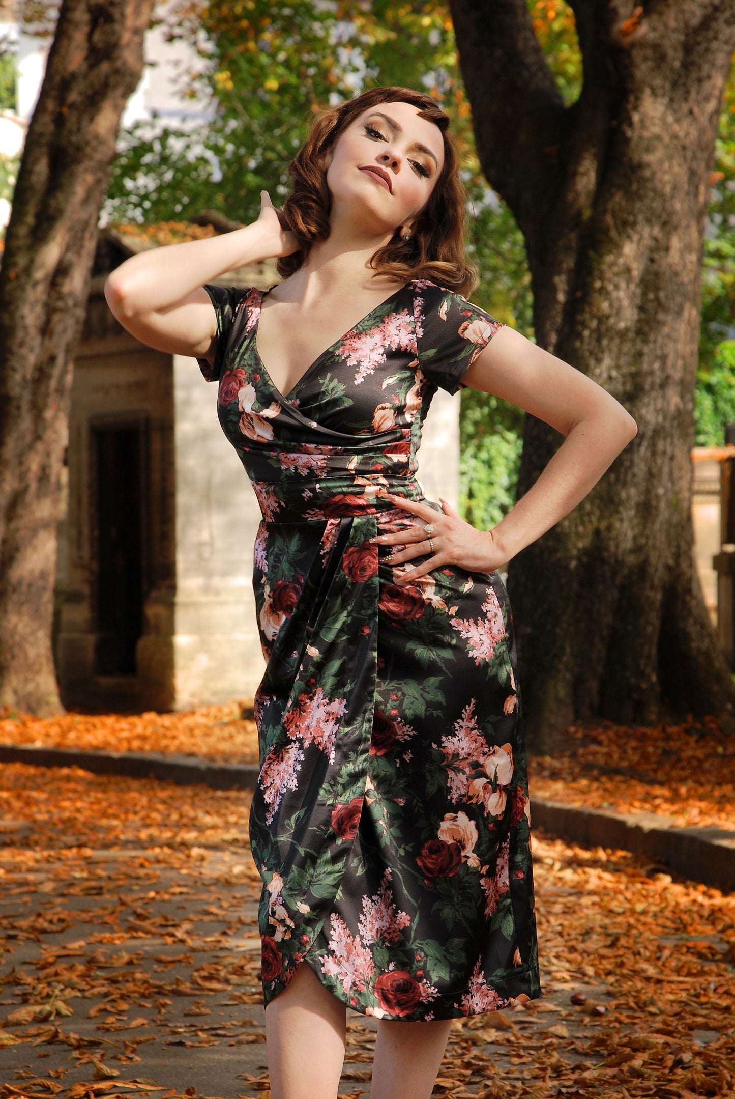 OYS - S - 2X - 3X - 4X - Final Sale - Ava Faux Wrap Wiggle Dress in Dark Bella Roses Satin | Pinup Couture