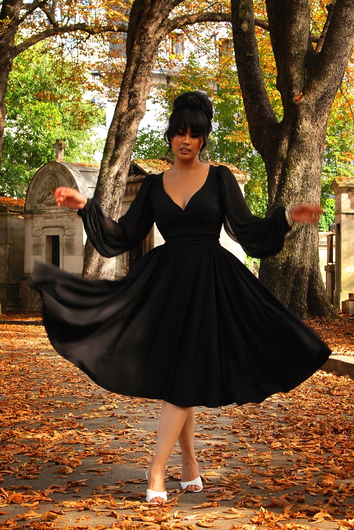 Kara Swing Dress in Black Crepe and Chiffon Sleeves | Laura Byrnes Design - pinupgirlclothing.com