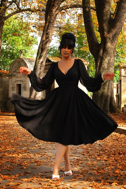 Kara Swing Dress in Black Crepe and Chiffon Sleeves | Laura Byrnes Design - pinupgirlclothing.com