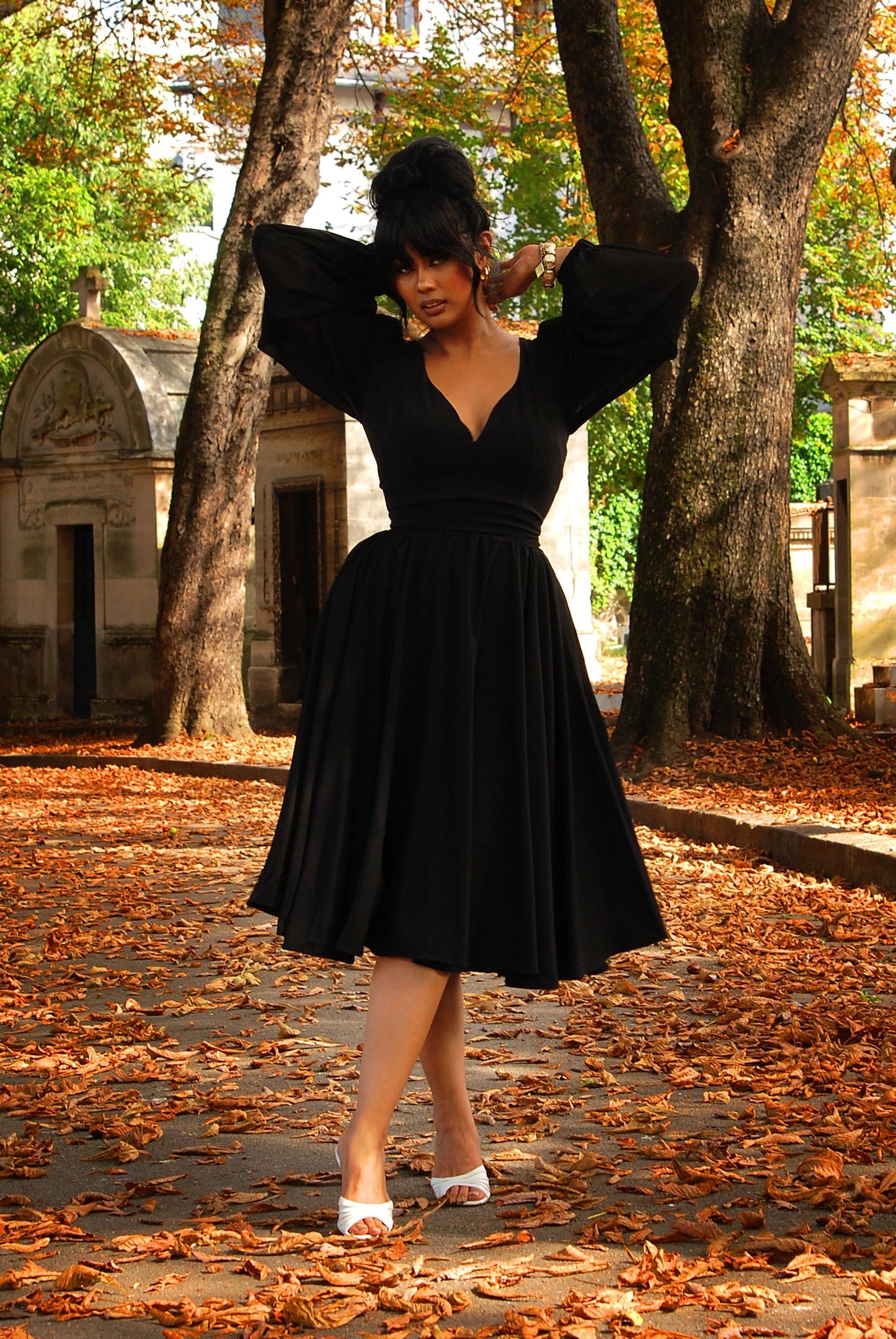 Kara Swing Dress in Black Crepe and Chiffon Sleeves | Laura Byrnes Design - pinupgirlclothing.com
