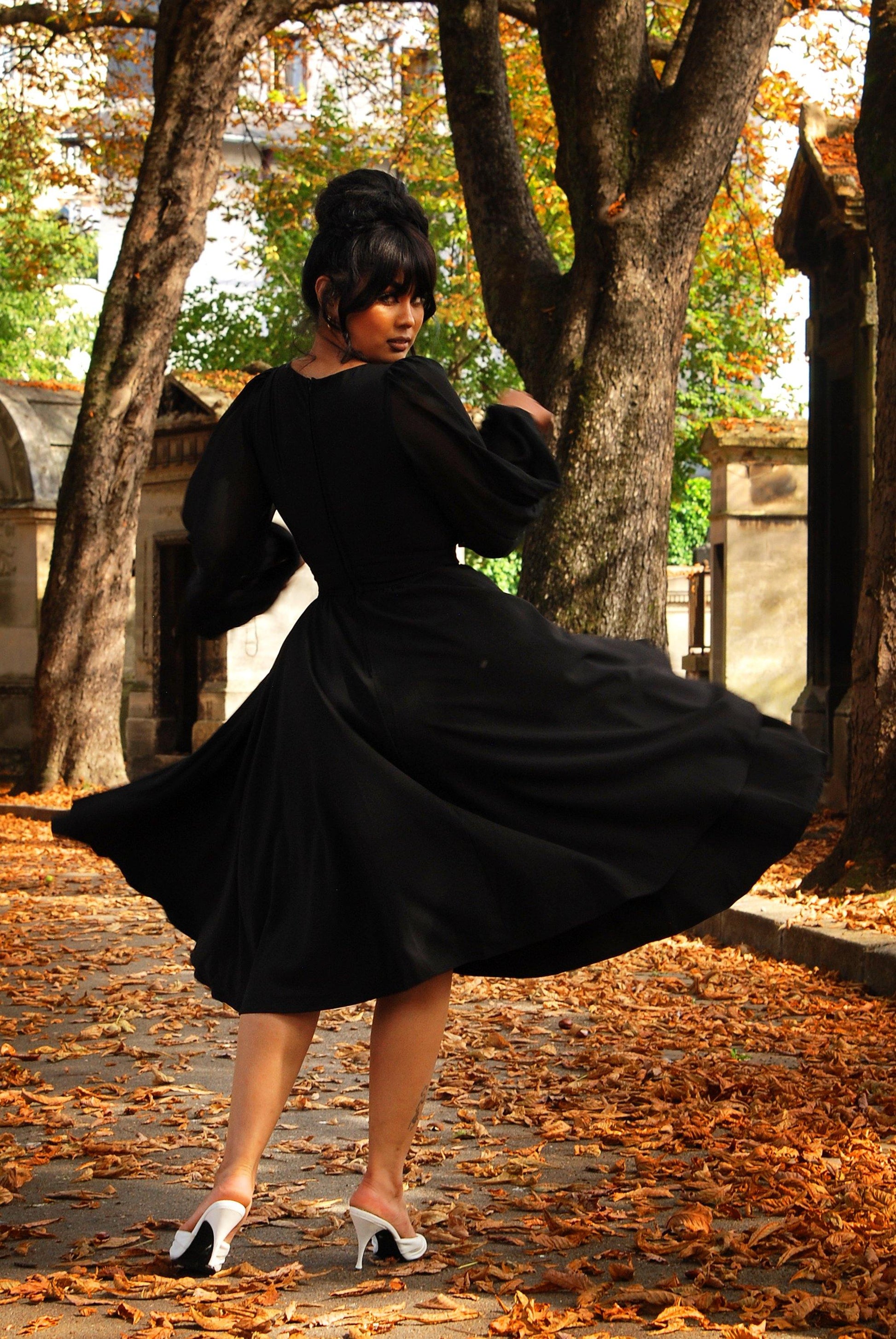 Kara Swing Dress in Black Crepe and Chiffon Sleeves | Laura Byrnes Design - pinupgirlclothing.com