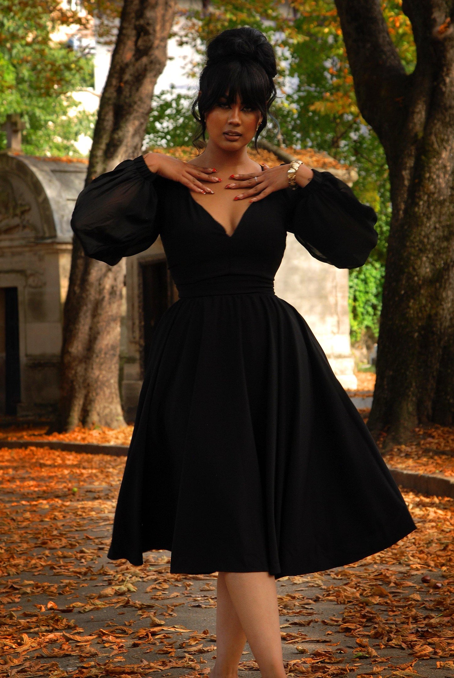Kara Swing Dress in Black Crepe and Chiffon Sleeves | Laura Byrnes Design - pinupgirlclothing.com
