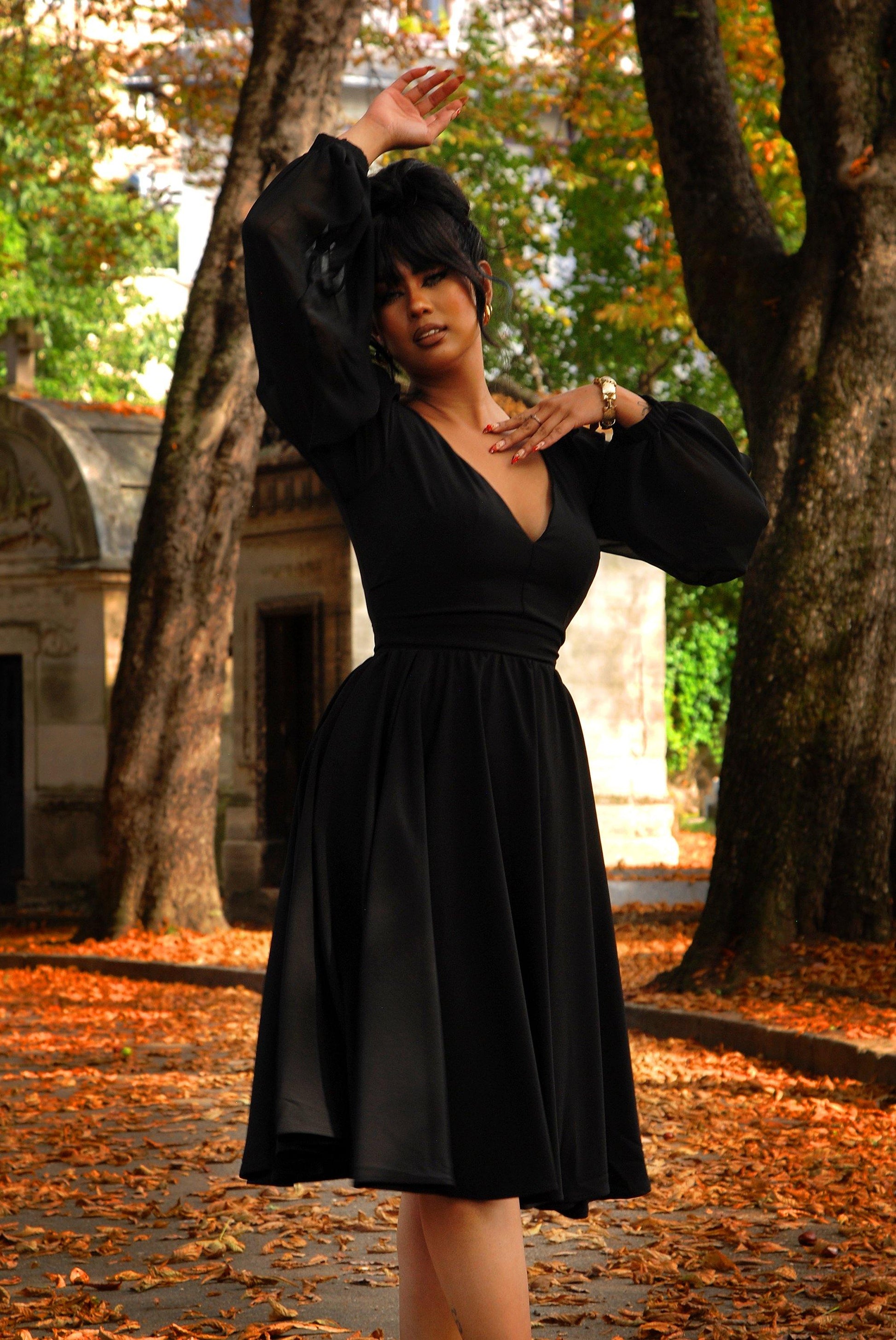 Kara Swing Dress in Black Crepe and Chiffon Sleeves | Laura Byrnes Design - pinupgirlclothing.com