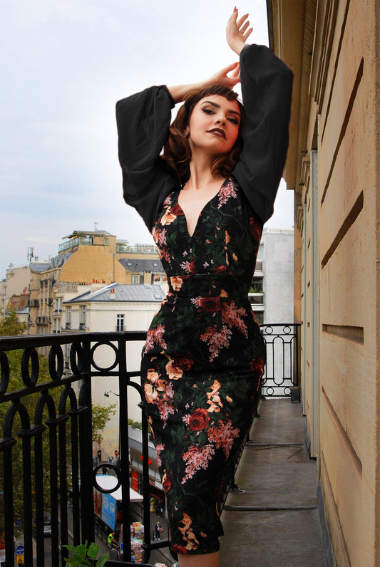 Clara Bishop Sleeve Wiggle Dress in Dark Bella Roses | Laura Byrnes Design - pinupgirlclothing.com