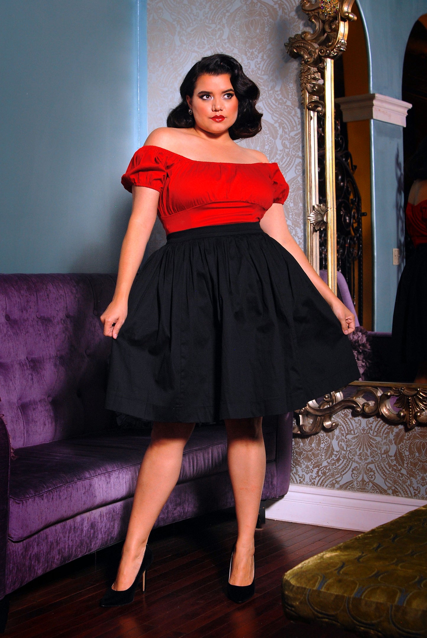 Final Sale - Petite Bella Vintage Gathered Swing Skirt in Solid Black Sateen | Pinup Couture