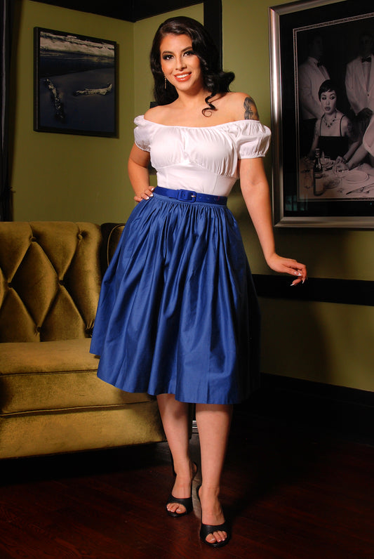 Bella Vintage Gathered Swing Skirt with Pockets in Solid Royal Blue Sateen | Pinup Couture