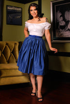 Bella Vintage Gathered Swing Skirt with Pockets in Solid Royal Blue Sateen | Pinup Couture