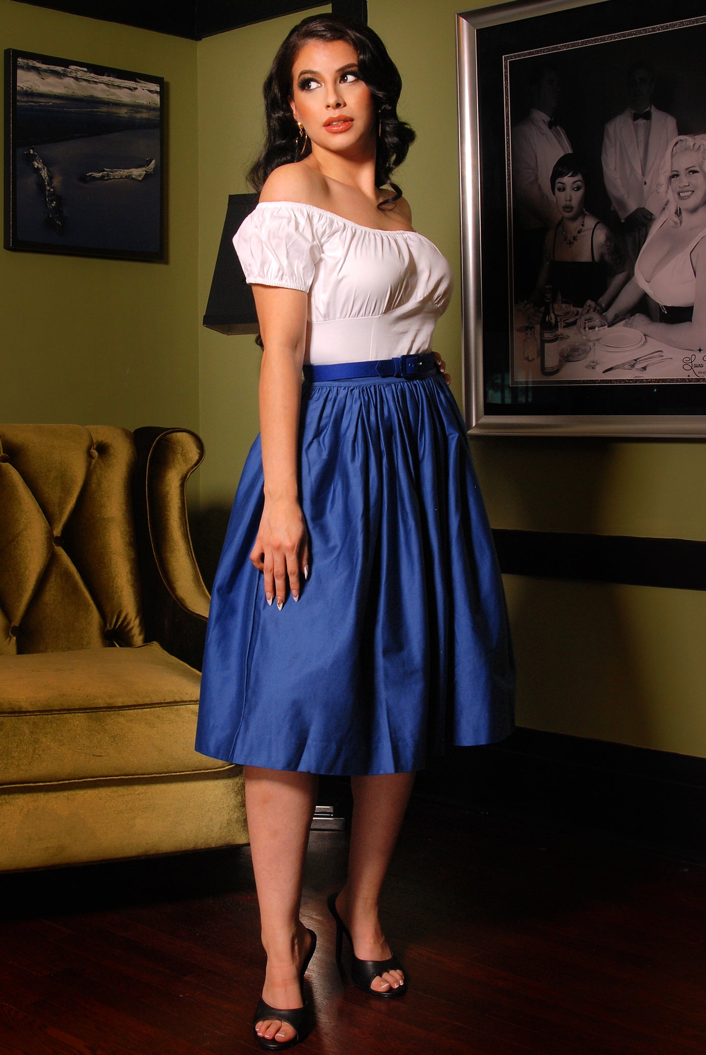 Bella Vintage Gathered Swing Skirt with Pockets in Solid Royal Blue Sateen | Pinup Couture