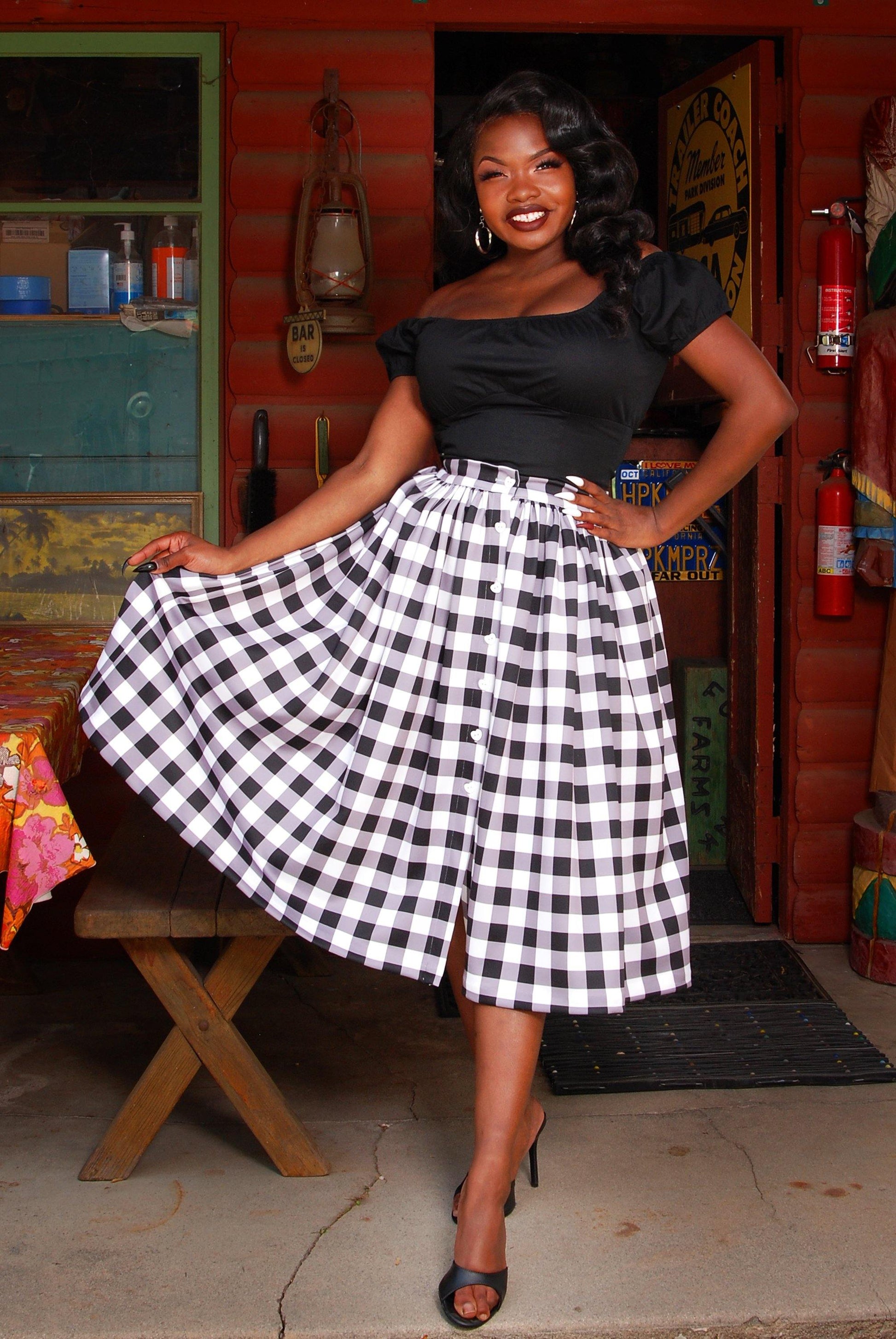 Edie Button Front Skirt in Black Gingham | Pinup Couture - pinupgirlclothing.com