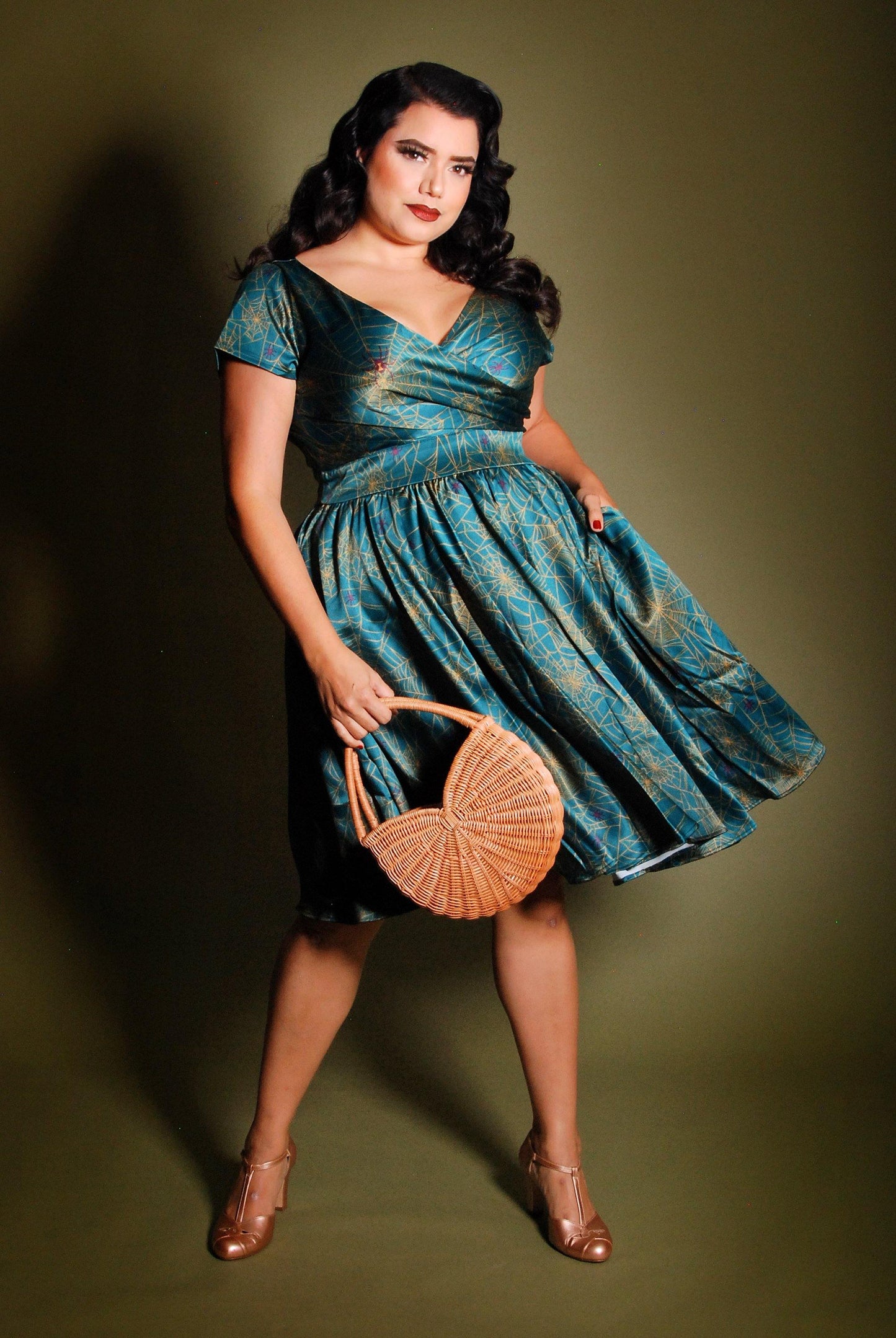 Ava Vintage Style Swing Cocktail Dress in Teal & Gold Spiderweb Satin | Laura Byrnes - pinupgirlclothing.com