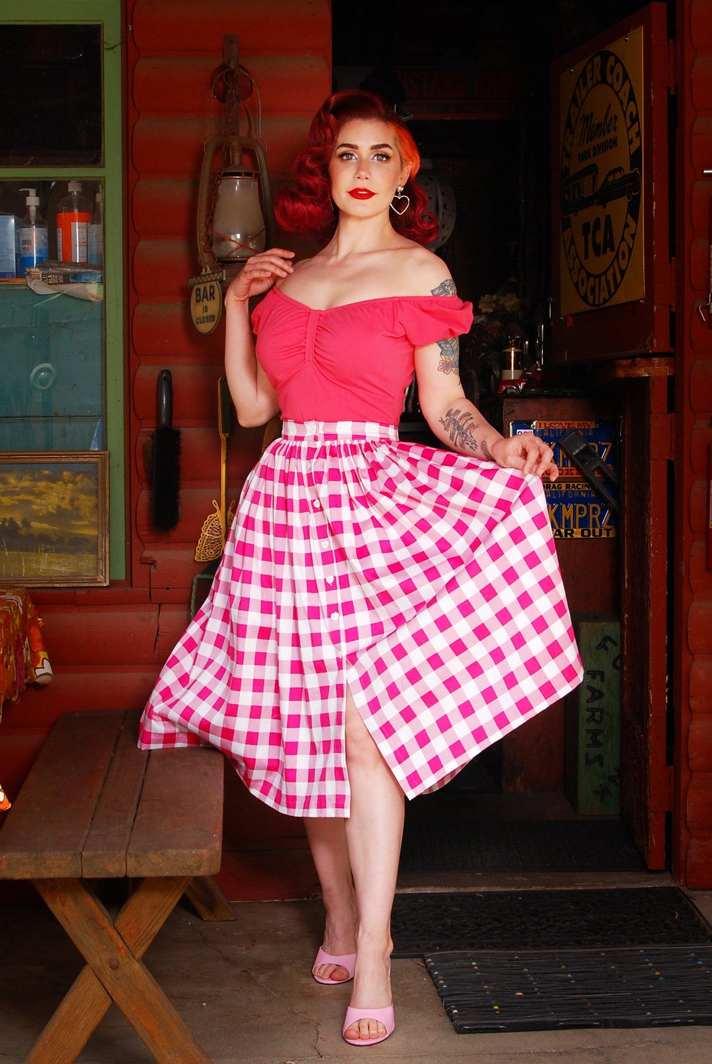 Edie Button Front Skirt in Pink Gingham | Pinup Couture - pinupgirlclothing.com