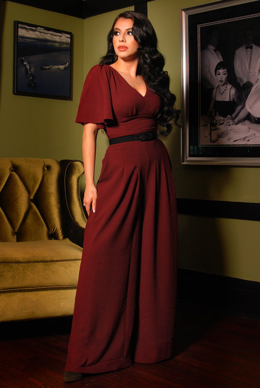 Viva Top Vintage 40's Inspired Flutter Sleeve Blouse in Garnet | Laura Byrnes Design