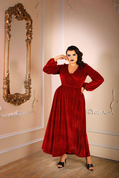 Bianca 70s V-Neck Maxi Gown in Cranberry Stretch Velvet | Laura Byrnes - pinupgirlclothing.com