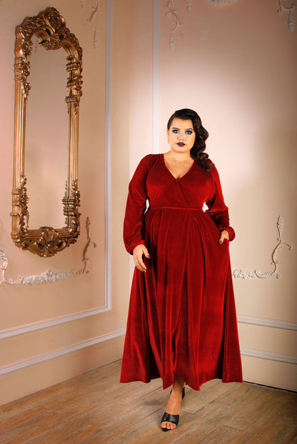 Bianca 70s V-Neck Maxi Gown in Cranberry Stretch Velvet | Laura Byrnes - pinupgirlclothing.com