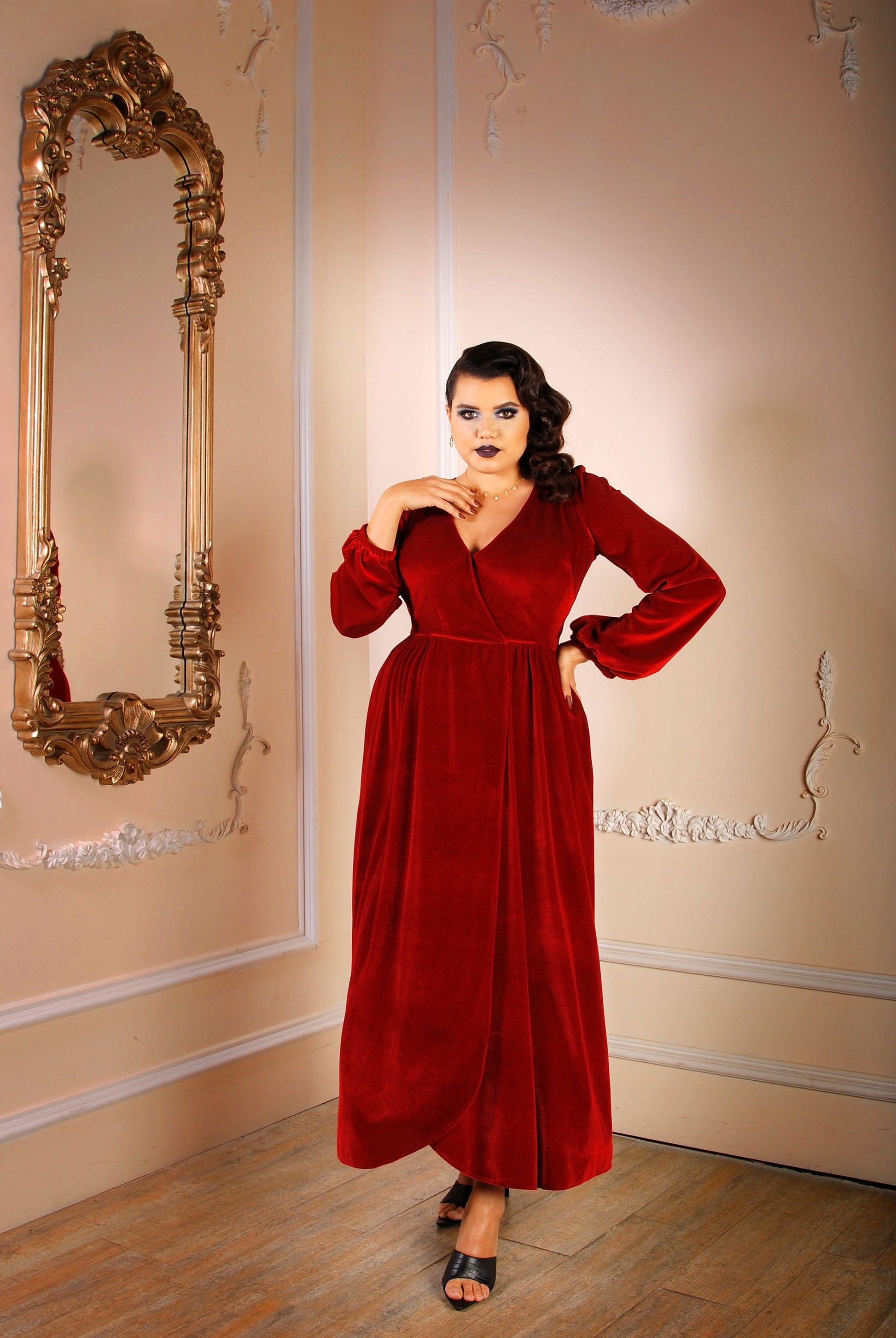 Bianca 70s V-Neck Maxi Gown in Cranberry Stretch Velvet | Laura Byrnes - pinupgirlclothing.com