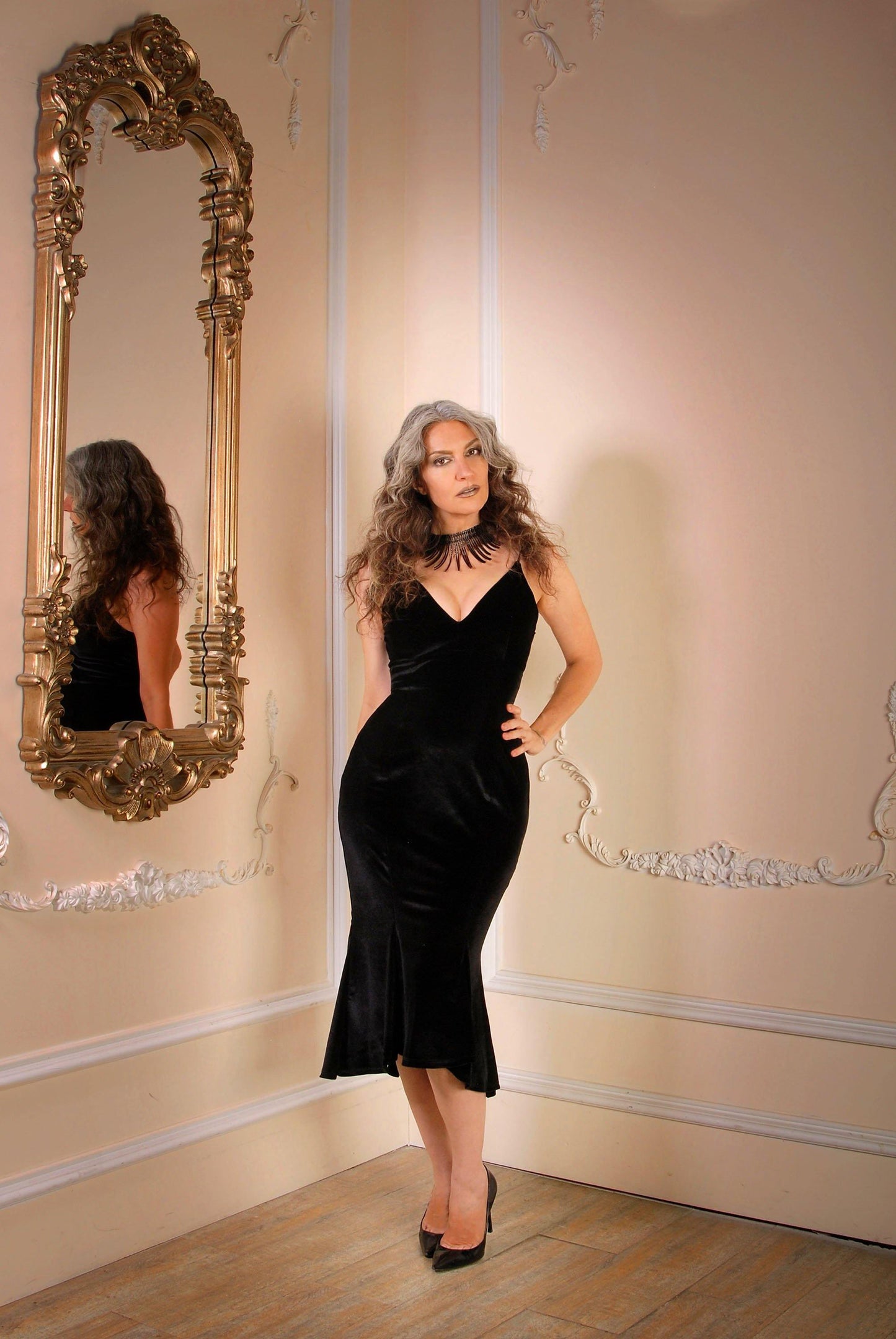 Venus Midi Slip Dress in Black Velvet | Laura Byrnes Design - pinupgirlclothing.com