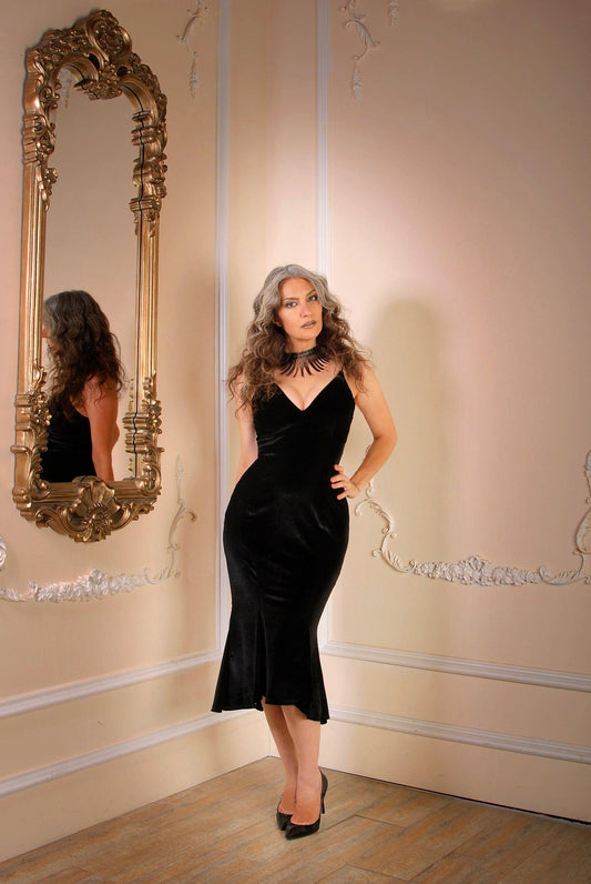 Venus Midi Slip Dress in Black Velvet | Laura Byrnes Design - pinupgirlclothing.com