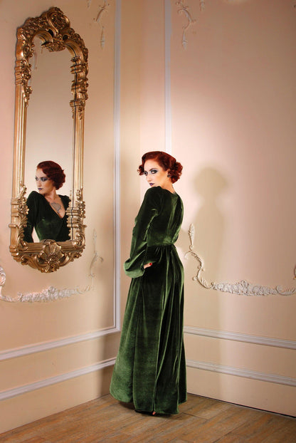 Bianca 70s Maxi Gown in Olive Green Stretch Velvet | Laura Byrnes - pinupgirlclothing.com