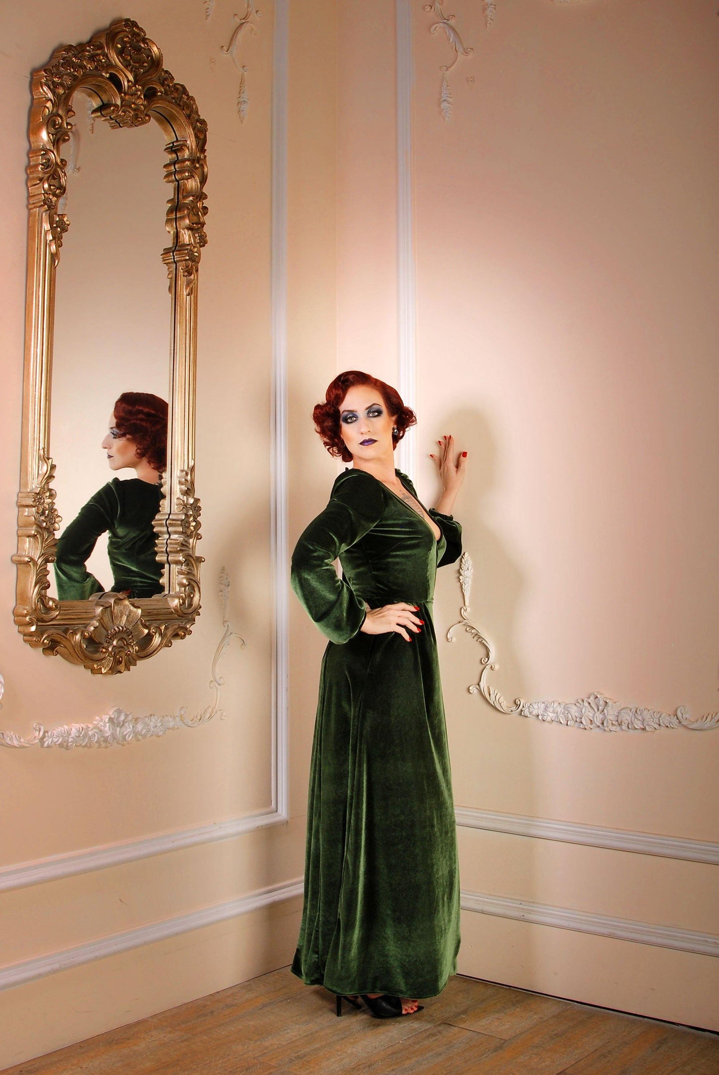 Bianca 70s Maxi Gown in Olive Green Stretch Velvet | Laura Byrnes - pinupgirlclothing.com