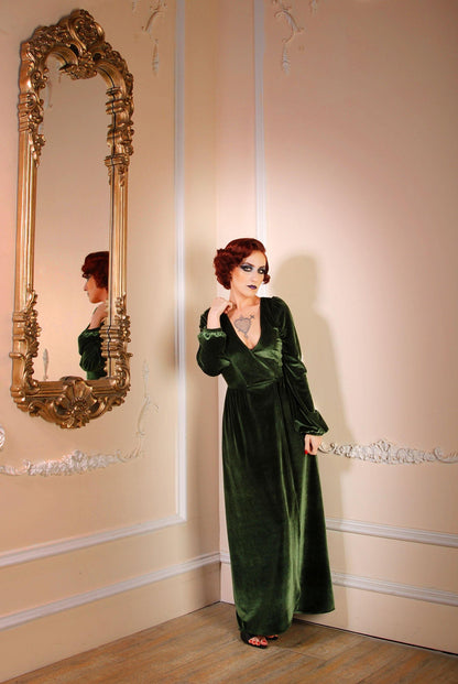 Bianca 70s Maxi Gown in Olive Green Stretch Velvet | Laura Byrnes - pinupgirlclothing.com