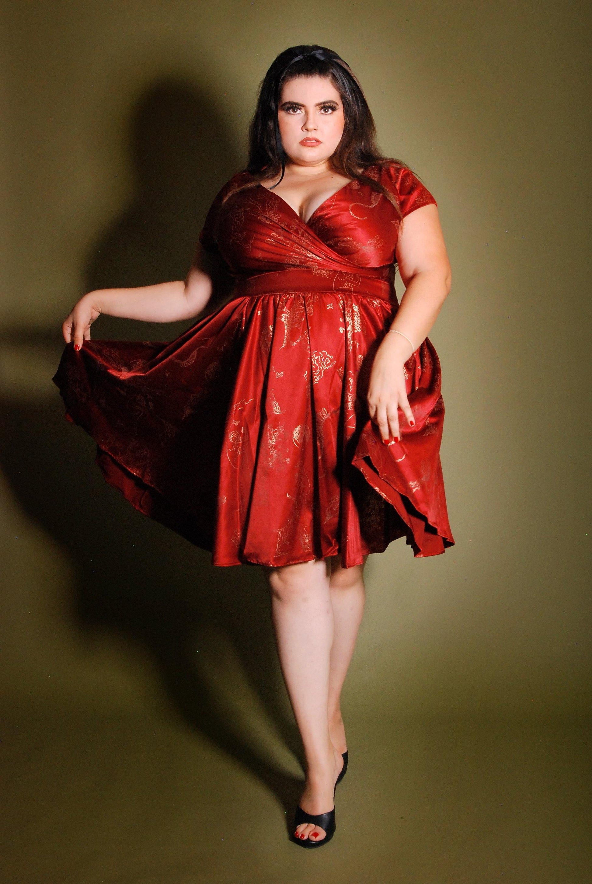 Ava Swing Cocktail Dress in Burgundy Witchy Toile Satin | Laura Byrnes - pinupgirlclothing.com