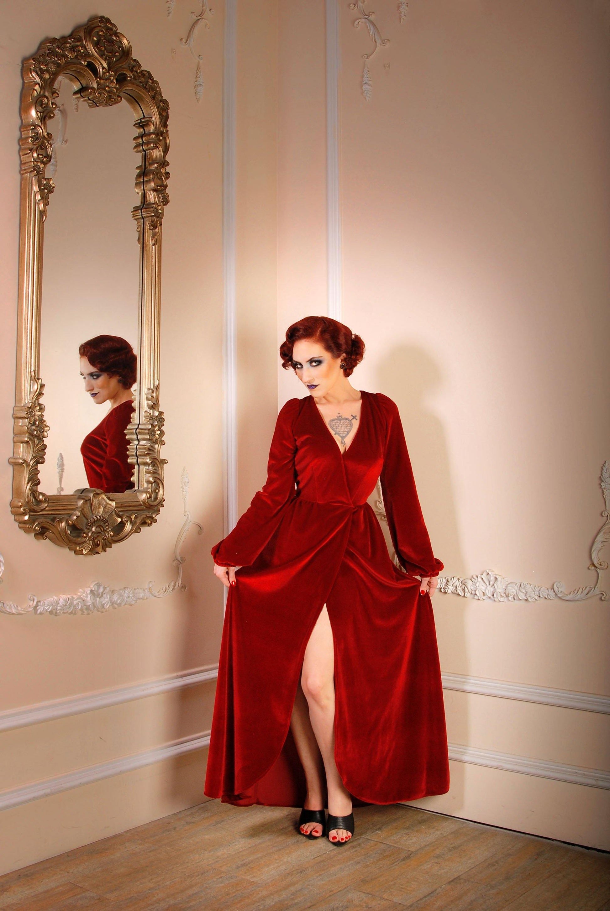Bianca 70s V-Neck Maxi Gown in Cranberry Stretch Velvet | Laura Byrnes - pinupgirlclothing.com