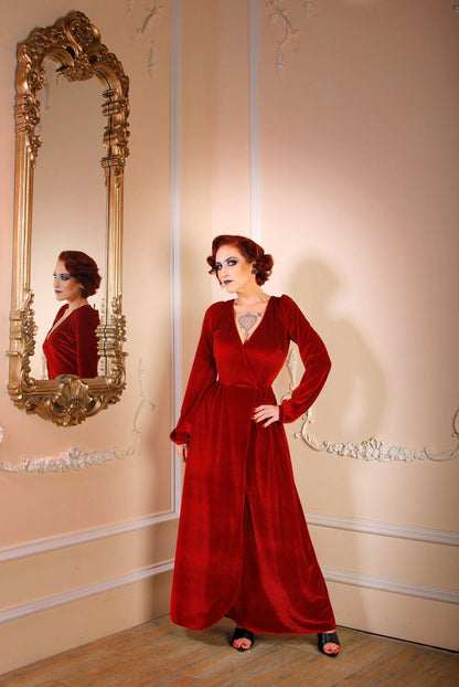 Bianca 70s V-Neck Maxi Gown in Cranberry Stretch Velvet | Laura Byrnes - pinupgirlclothing.com