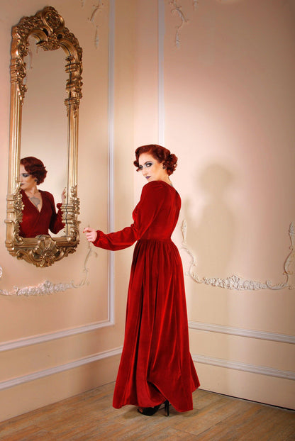 Bianca 70s V-Neck Maxi Gown in Cranberry Stretch Velvet | Laura Byrnes - pinupgirlclothing.com