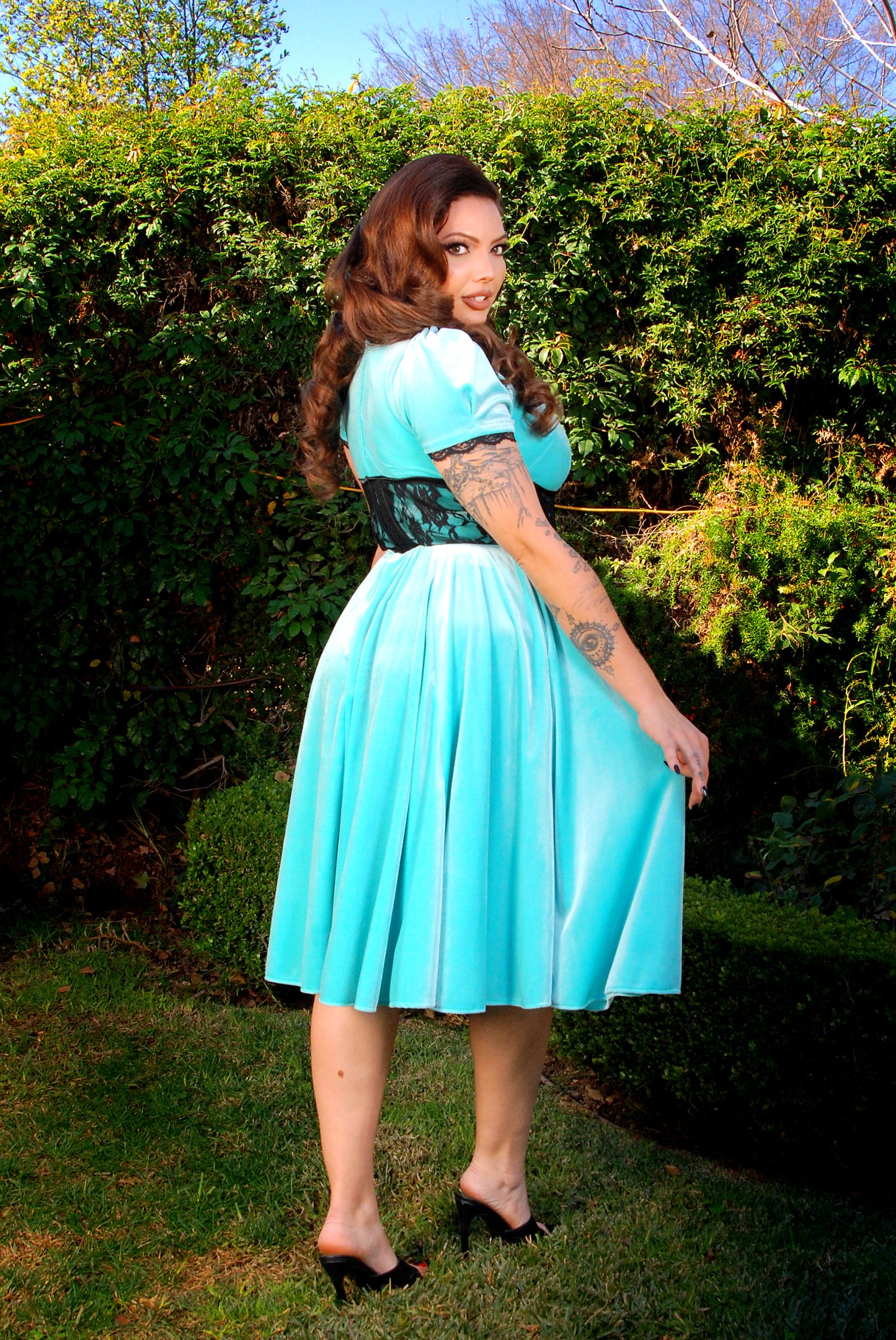 OYS - Final Sale - Lilith Swing Dress in Jade Velvet | Laura Byrnes Design