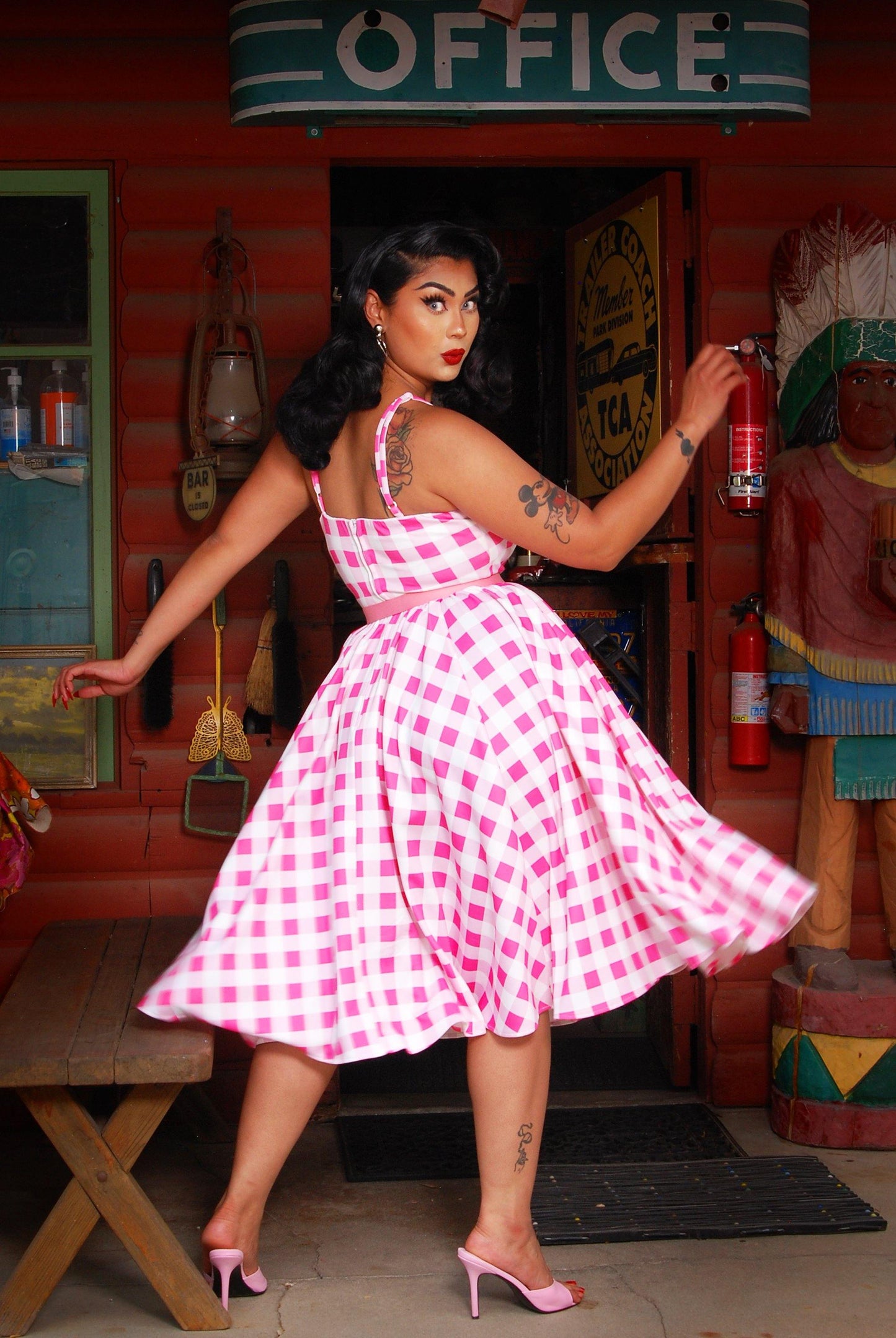 Amalie Ballerina Swing Dress in Pink Gingham | Pinup Couture - pinupgirlclothing.com