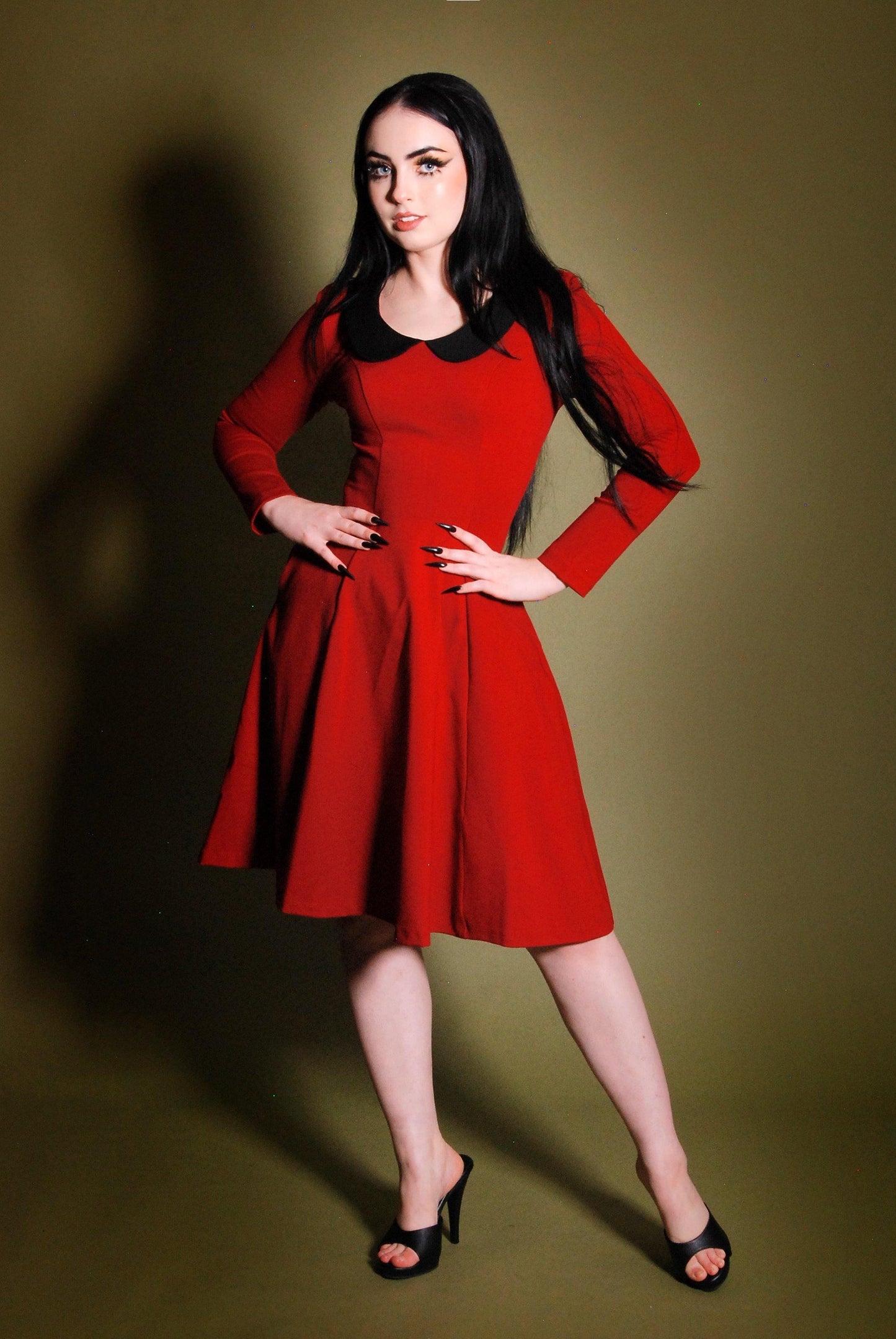 Madison Long Sleeve Dress in Oxblood Ponte with Black Contrast Collar | Pinup Couture - pinupgirlclothing.com